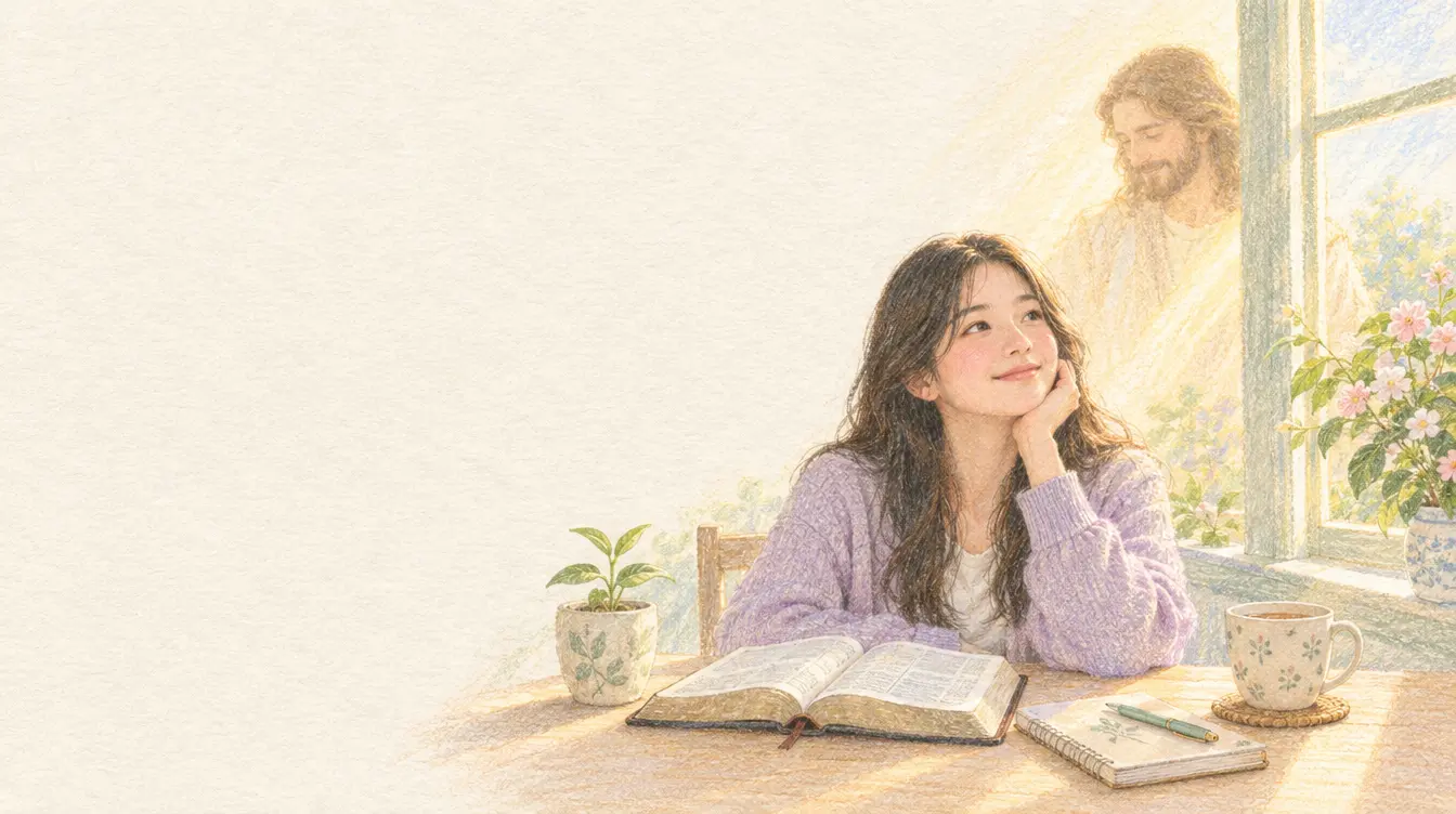 Ilustrasi pensil warna: seorang perempuan muda tersenyum di meja dekat jendela dengan Alkitab terbuka, jurnal, teh, dan tunas kecil, sementara Yesus hadir lembut dalam cahaya pagi
